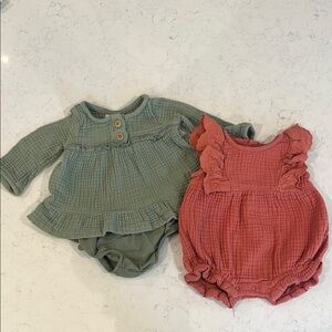 Two Cat & Jack Outfits.  Sage dress with bloomers and paprika bubble.  Size NB